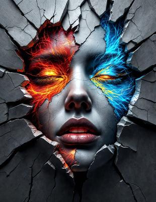 The primary subject of the image is a close-up of a woman's face, with her eyes open and her mouth slightly open. The setting is a black and white background, which adds a dramatic and artistic touch to the image. The visual style is a digital art or illustration, as the woman's face is depicted in a stylized manner. The colors and mood of the image are predominantly black and white, giving it a classic and timeless feel.